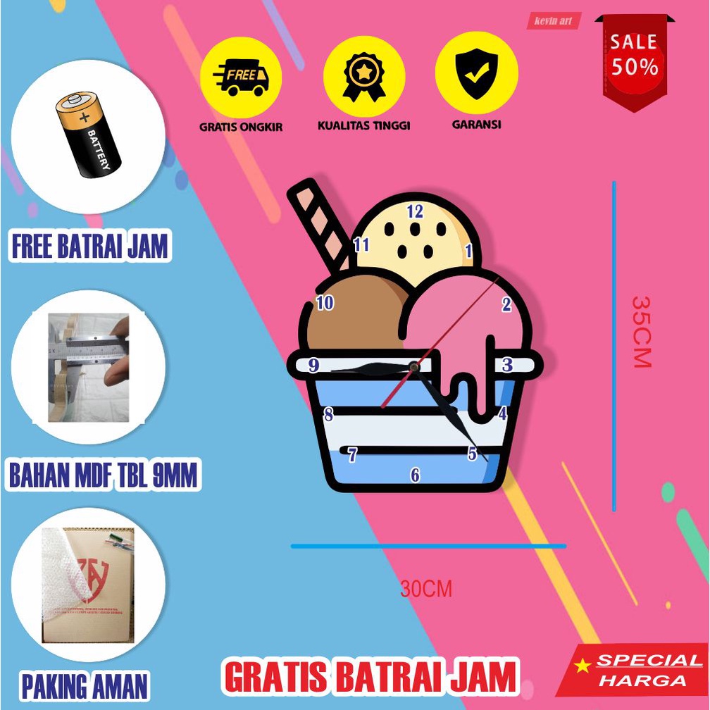 JAM DINDING BESAR LUCU UNIK KARTUN KARAKTER GAMBAR ICE CREAM DEKORASI DINDING MINIMALIS ARTISTIK ANIMASI ANAK MODERN MEWAH BAGUS ANTIK KWALITAS TERBAIK PALING LARIS