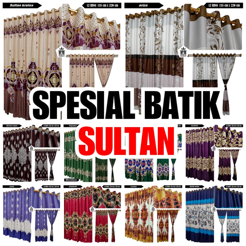 Gorden Smokring 12 Lubang Ring Hordeng Jendela Pintu Kamar Motif Batik Sultan Warna Merah Hitam Biru