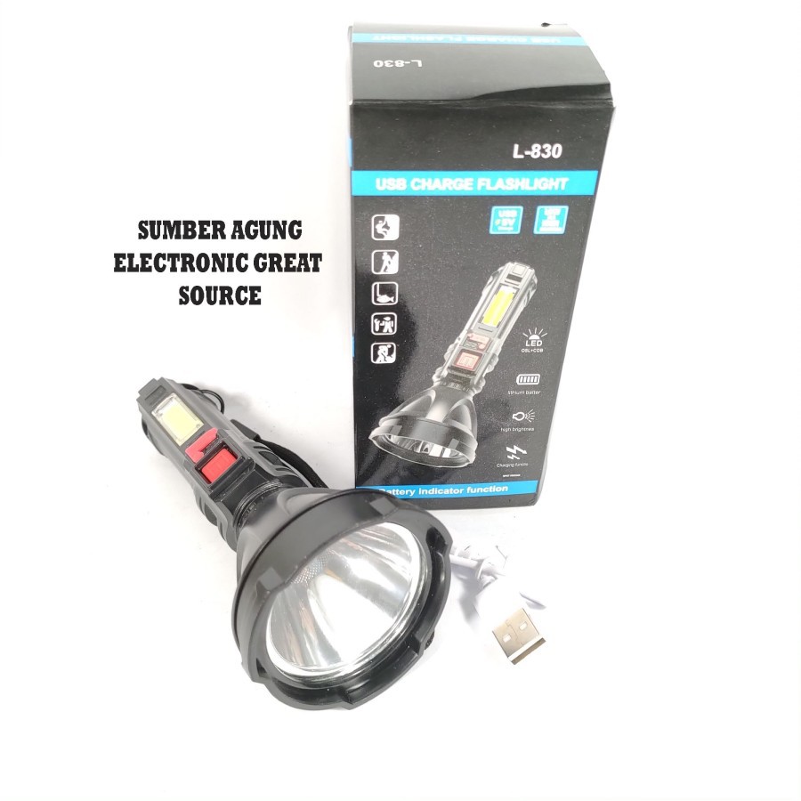 L830 USB Charge Flashlight Senter Alloy Besi LED COB Super Terang Taha