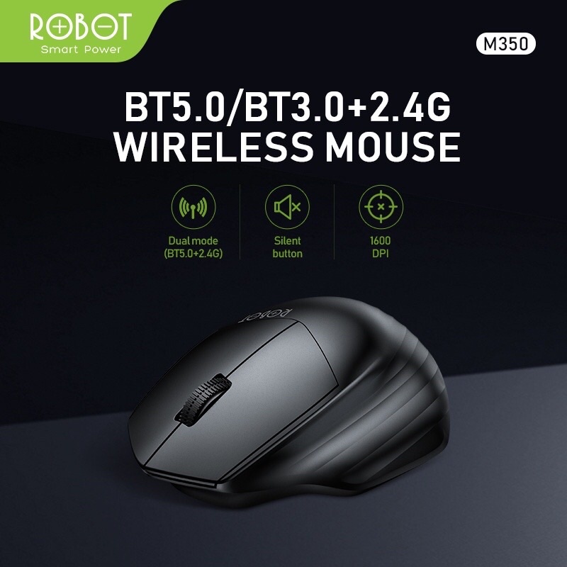 ROBOT Mouse Wireless M350 Silent Click 1600DPI dengan Receiver USB &amp; Bluetooth untuk PC Laptop GRS