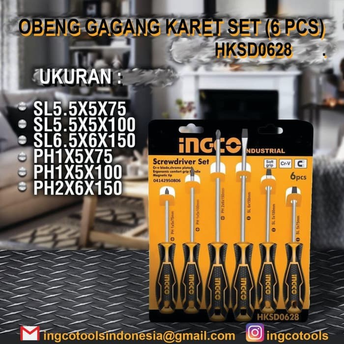 OBENG SET 6PCS LENGKAP GAGANG KARET / SCREWDRIVER SET INGCO HKSD0628