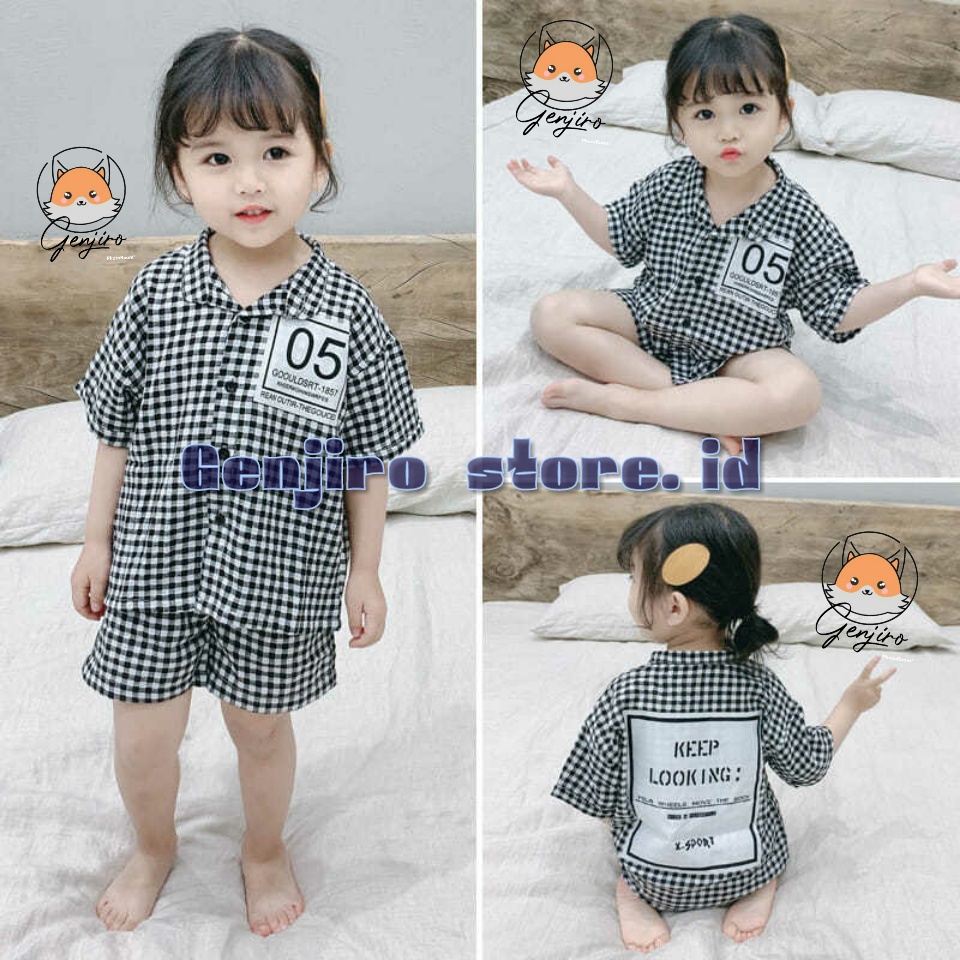 SETELAN ANAK LAKI LAK DAN PEREMPUANI/SETELAN KEMEJA SABLON 05 CELANA PENDEK ANAK/MOTIF KOTAK KOTAK/LENGAN PENDEK/UNTUK USIA 6BULAN - 4 TAHUN/BISA COD