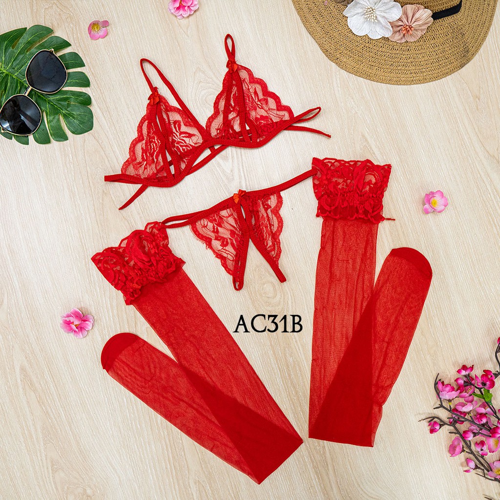 [SIAP KIRIM] STOCKING WANITA + BRA CD G STRING UNDERWEAR SEXY LACE MERAH AC31B