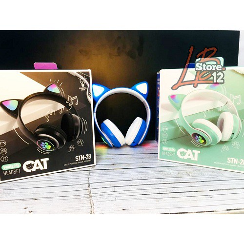 Headphone Bluetooth Bando CAT EAR STN 28 / Headset Wireless Bando Cat Led STN-28 Macaron