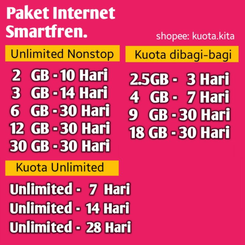 (kirim kode via chat) Paket Internet Smartfren Unlimited Nonstop 2GB 3GB 6GB 12GB 30GB Voucher Smart