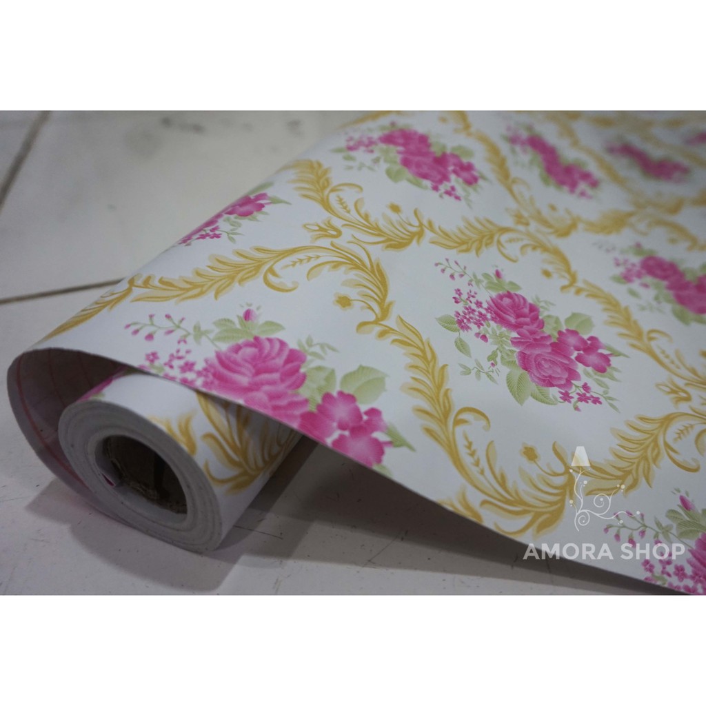 Wallpaper Stiker Dinding Motif Batik Gold Rose Pink 10m x45cm