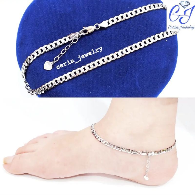 Gelang Kaki Perak Asli Silver 925 Lapis Emas Putih Gelang Kaki Sisik Naga Sisik Ukir + Gelang Kaki A