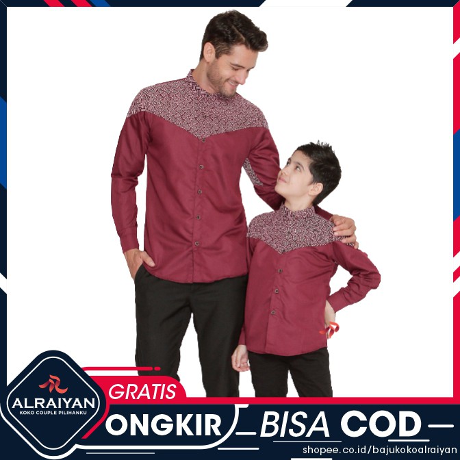 Alraiyan OFFICIAL Baju Koko Couple Ayah Anak Laki laki Lengan Panjang Maroon 1-12 Tahun Polos Batik