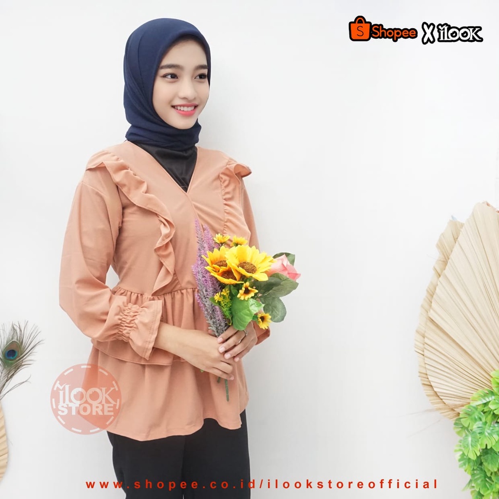 ilook | Blouse Ceria | Jiju Blouse Korean Style | Blouse Crinkle Ruffle | Atasan Blouse Wanita | Bahan Creepe-BLS CERIA - SALMON