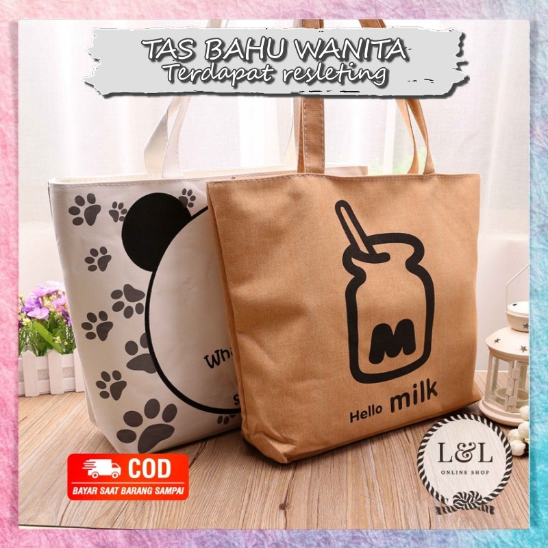 Tas Bahu Wanita Tote Bag Kanvas Premium Shoulder Bag Canvas Tas Selempang Import Motif