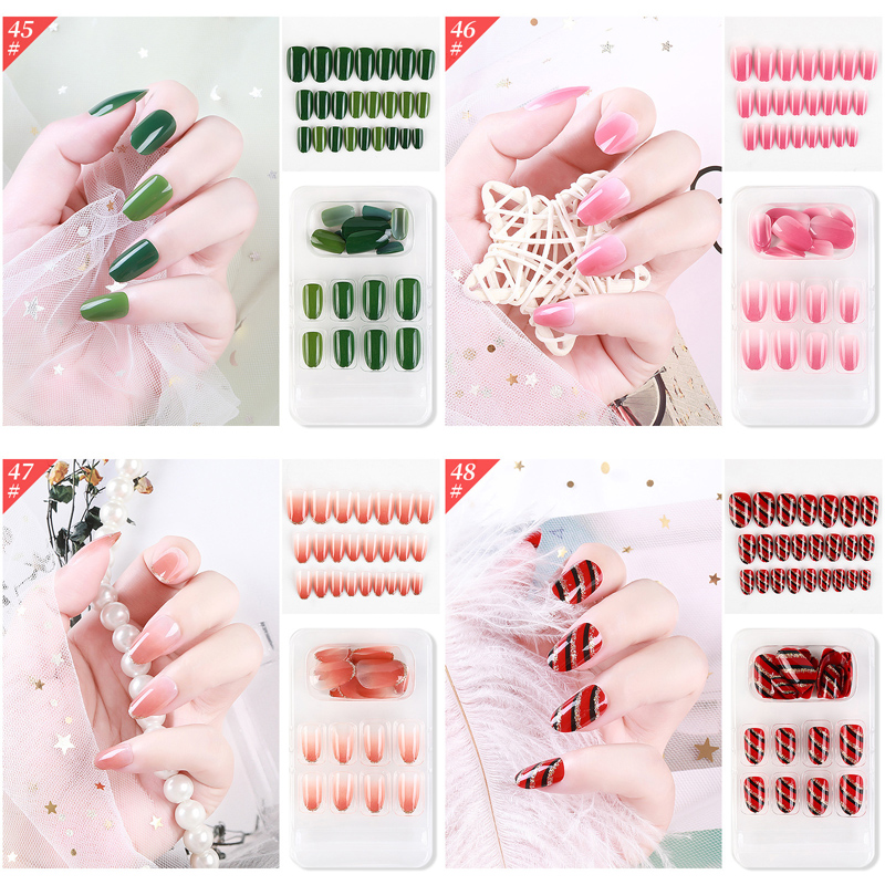 F033 ~ F048 24pcs / Kotak Kuku Palsu Full Cover Panjang Untuk Nail Art