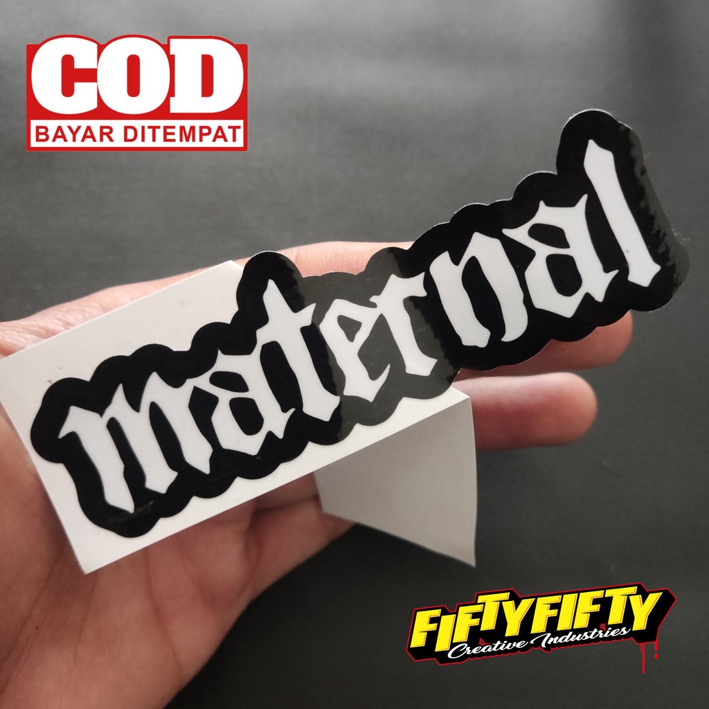 Stiker Print Cut BRAND DISTRO MATERNAL Stiker Printing Laminasi Glossy Tahan Air Stiker Motor Mobil Helm Sudah Membentuk Pola Desain