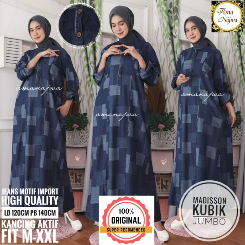 Gamis Jeans Jumbo Terbaru Original Ama Najwa Ld 120 Fit XXL Big Size Dress / Madisson