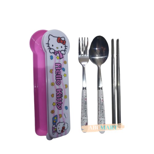 [BISA COD] PROMO Sendok Garpu Sumpit Stainless Set Karakter Hello Kitty Doraemon Sendok Travelling