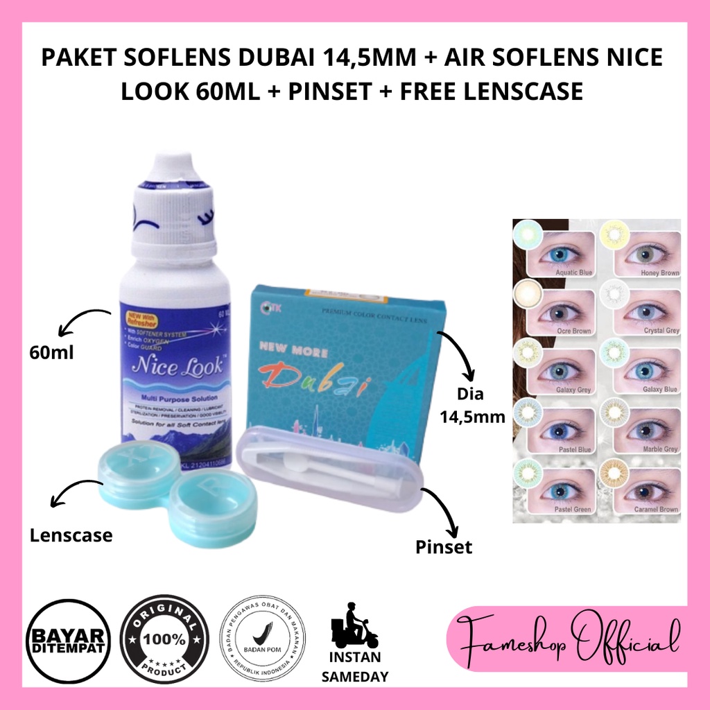 PAKET SOFTLENS DUBAI DIA 14,5MM + CAIRAN NICE LOOK 60ML + PINSET + LENSCASE / COD INSTAN SAMEDAY / LENSA KONTAK / PAKET MURAH