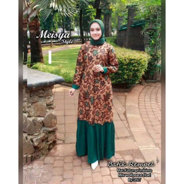 Gamis Motif Bunga Tangkai Rempel Hijau Dress Batik Muslim Modern Cantik buat Seragaman Kondangan