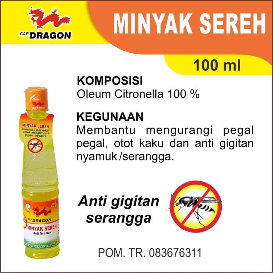 MINYAK SEREH CAP DRAGON 100ML ANTI NYAMUK PEGAL OTOT GIGITAN NYAMUK SERANGGA CITRONELLA OIL