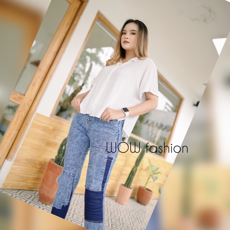 WOW-Mulan Celana Jeans  Highwaist Celana Jeans 7/9//Celana Wanita// Celana Kombinasi Wanita