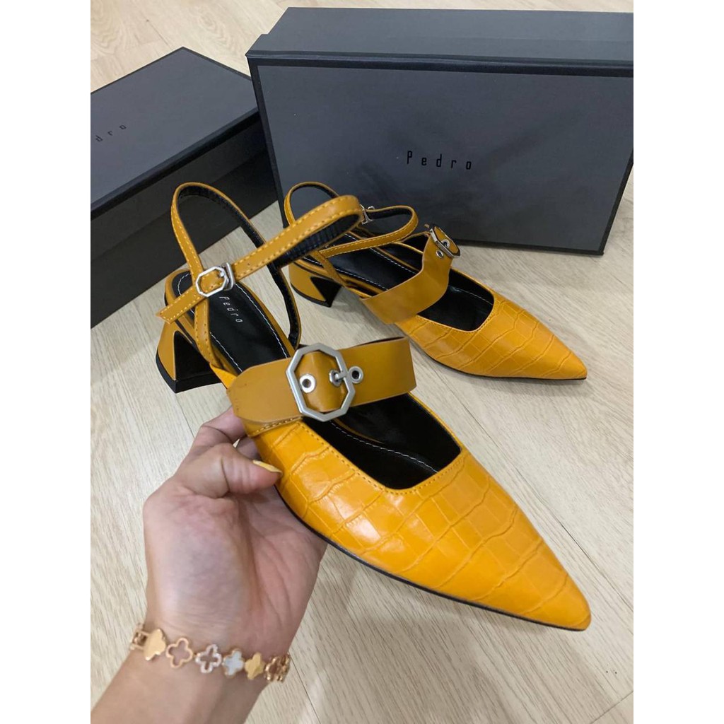 SEPATU WANITA PS032  CROC EFFECT BUCKLE LEATHER HEELS PREMIUM IMPORT