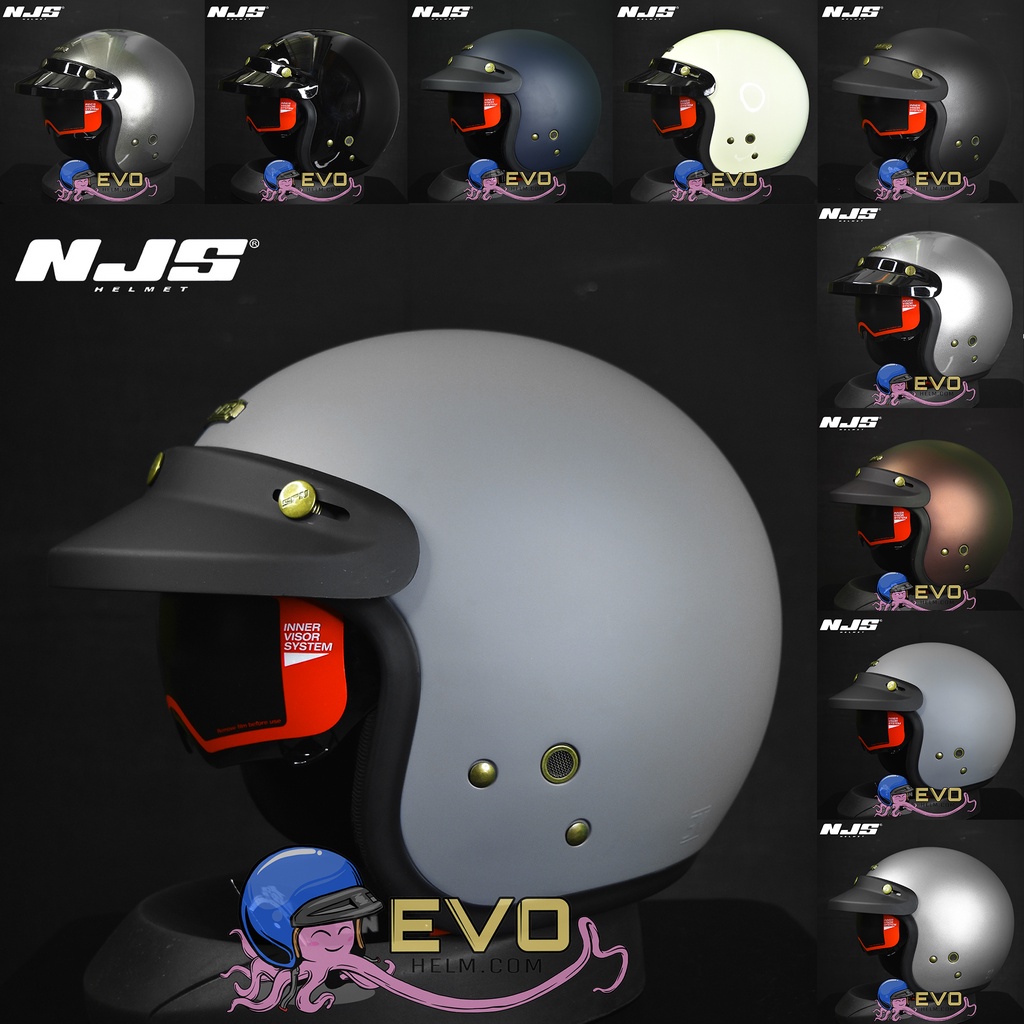 HELM NJS NX2 STONE GREY DOFF - HELM RETRO SOLID DOUBLE VISOR INTERCOM FREE PET ORIGINAL 100%