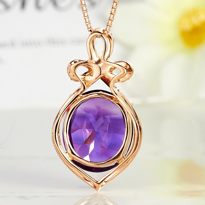 [Ready Stock]Fashion Inlaid Amethyst Pendant Rose Gold Gemstone Necklace