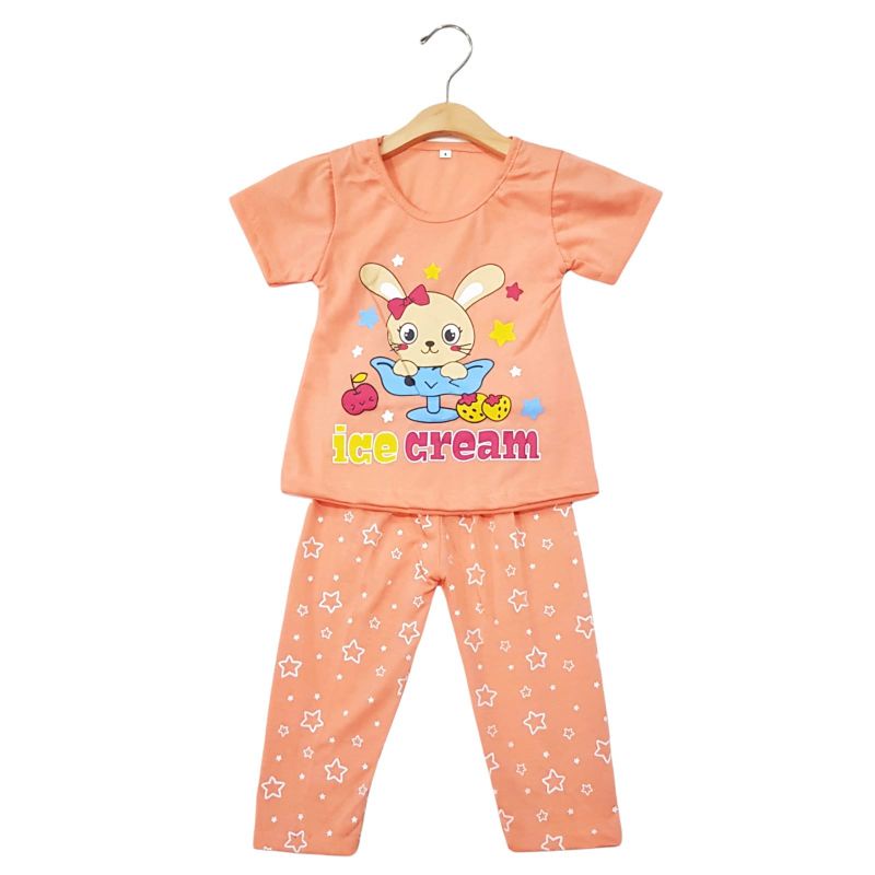 SETELAN SIKUNING PAKAIAN ANAK PEREMPUAN 2-7 TAHUN MOTIF ICE CREAM RABBIT