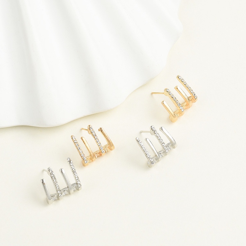 Anting Tusuk Bentuk C Geometris Multilayer Bahan Logam Aksen Berlian Imitasi Untuk Wanita