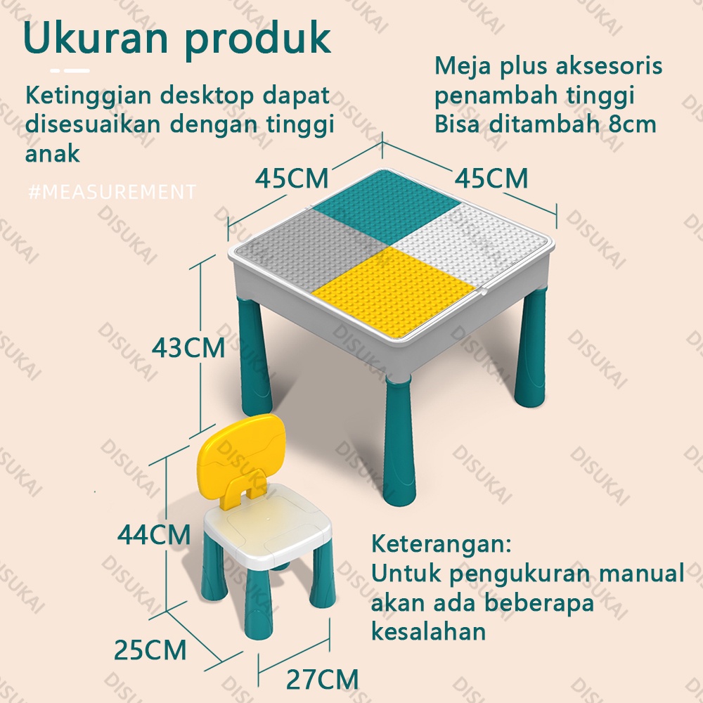 【Stok Baru】Meja balok bangunan multifungsi dengan 2 kursi, mainan pasir, 150 balok bangunan besar dan 600 balok bangunan kecil