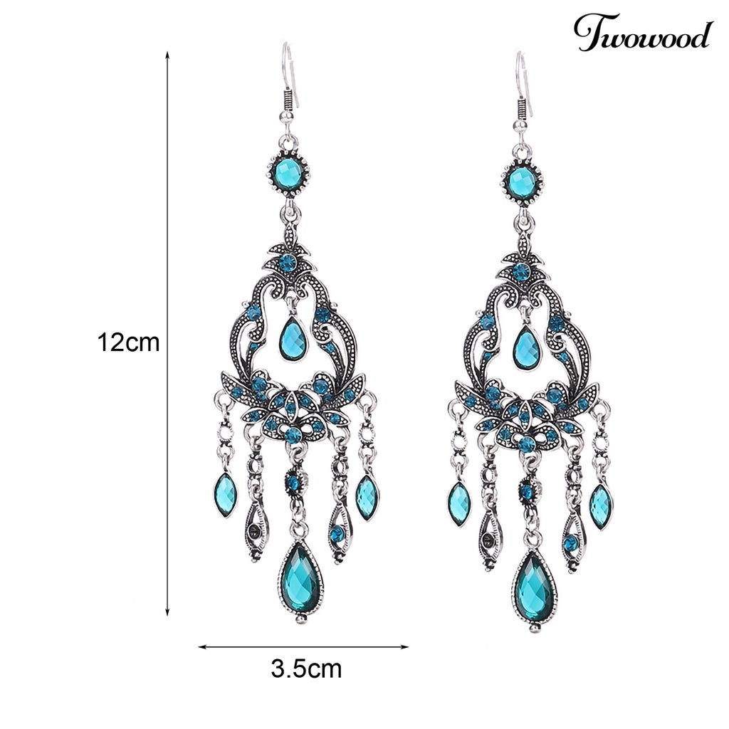 Twowood 1 Pair Dangle Earrings Hollow Flower Tassels Faux Crystal Vintage Long Lasting Hook Earrings for Wedding