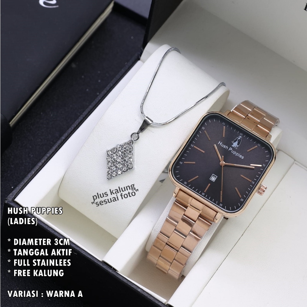 (BISA COD) JAM TANGAN WANITA HUSH PUPPIES H-009 RANTAI BODY SEGI TANGGAL AKTIF FREE KALUNG