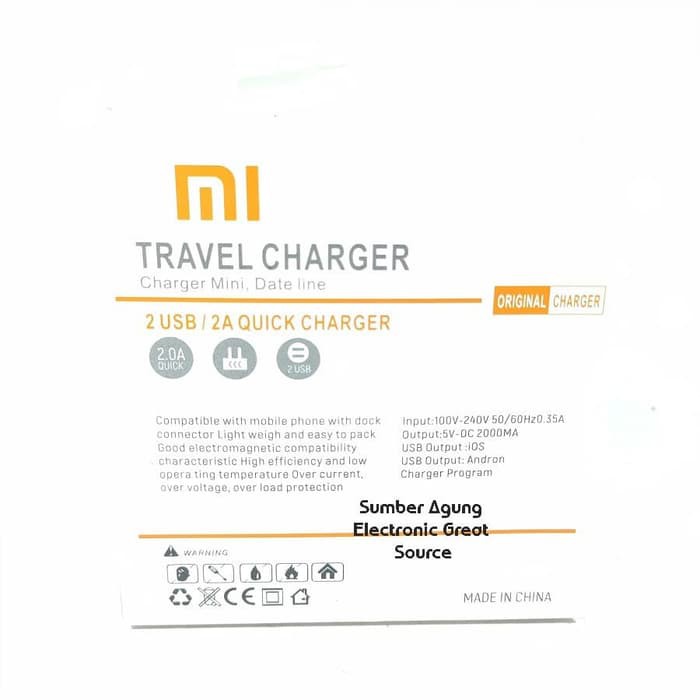 Charger HP Mi 2A 2USB Travel Charger Cas Handphone Berkualitas