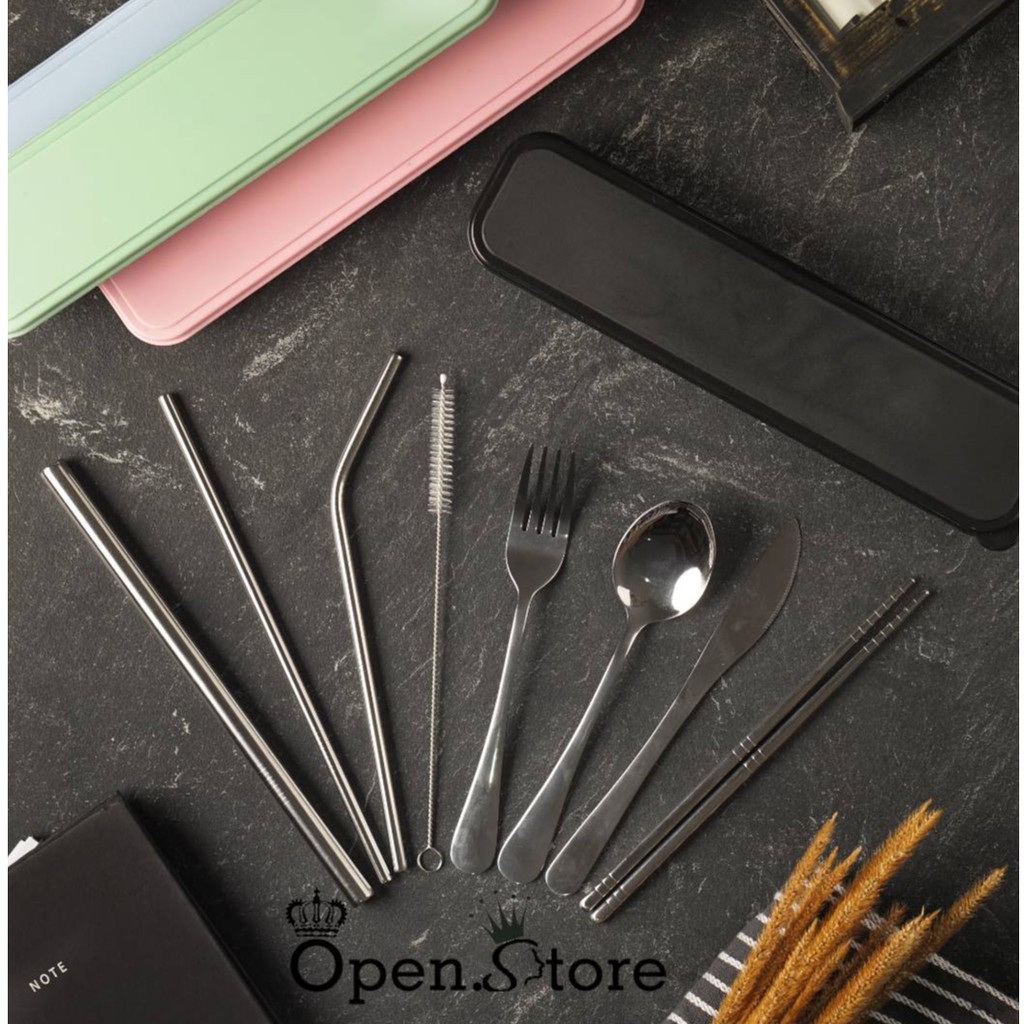 FULL SET 10 in 1 - Set Alat Makan - Pisau - Sumpit Portable Bahan Stainless Steel 410 Include Pouch