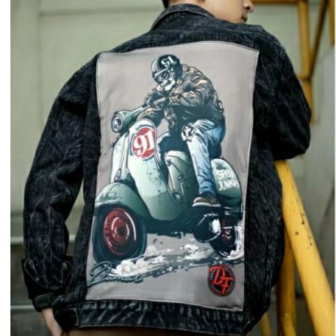 Jaket Jeans Pria Sandwash Printing Seri Motor Original Premium