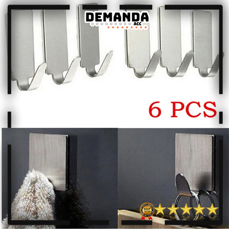 Gantungan dinding tembok SerbaGuna Tempelan Hook Stainless Steel 6 Pcs