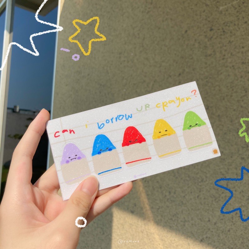 

Riceloaf Can I Borrow your Crayons Glitter Sticker Sheet Cute Korean Aesthetic