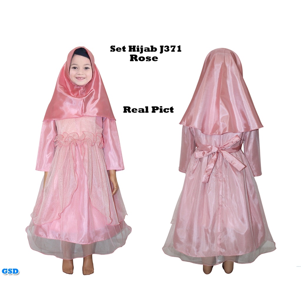Set Hijab j371 / Baju Anak Perempuan / Baju Gamis Muslim Anak / Maxi Dress + Krudung  Usia 3-5 Tahun
