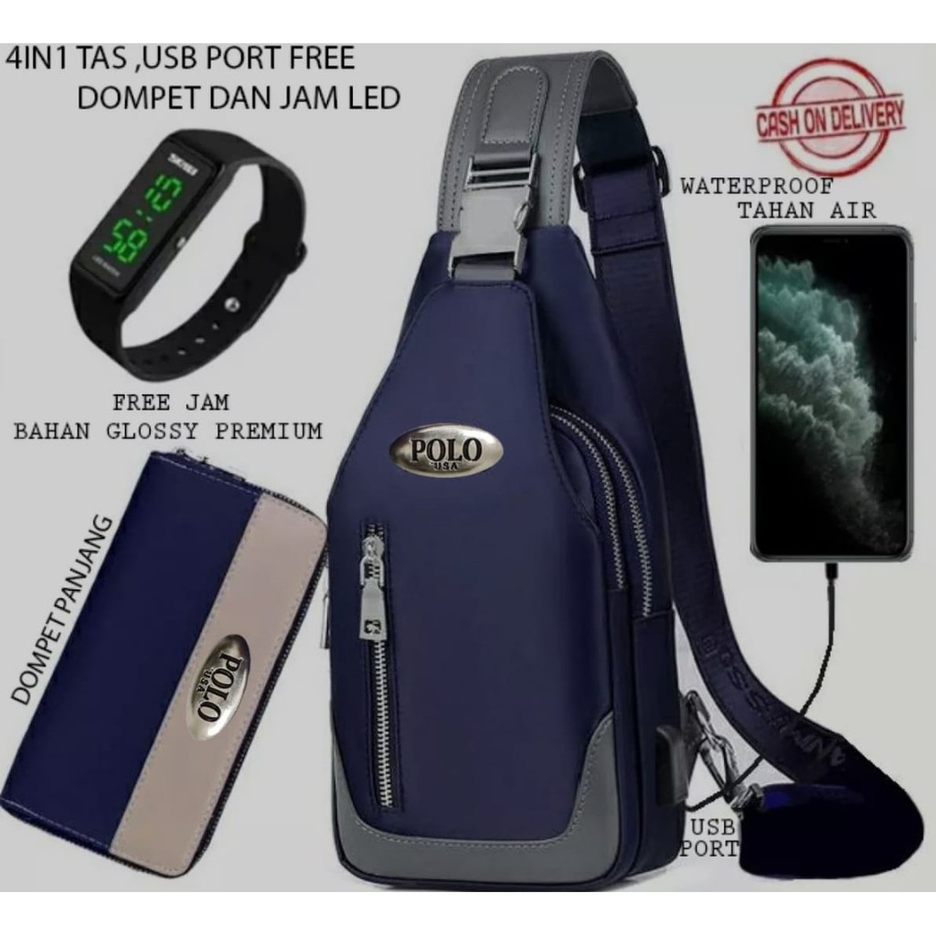 Tas Selempang Pria Waterproof 4in1 BONUS Jam, Dompet &amp; USB Port