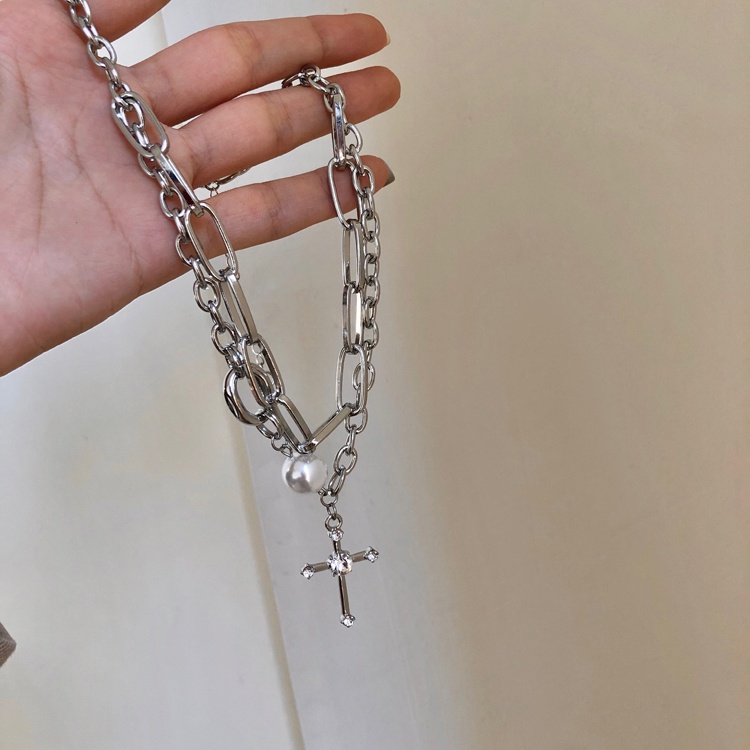 Unisex punk cross rhinestone necklace hip hop street metal Fashion necklace for women