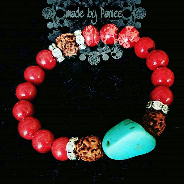 Gelang red coral dengan batu pirus dan rudraksha/ ginitri