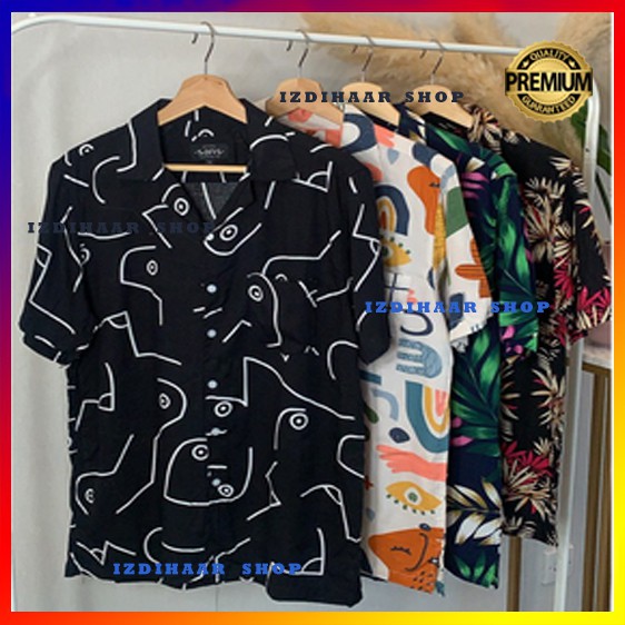 Kemeja Pria Hawai/ Kemeja Pantai Abstrak Vintage Casual Lengan Pendek Retro Bahan Rayon Viscose import adem