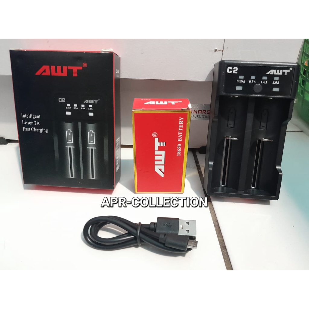 FULL SET KOMPLIT SIAP PAKAI CHARGER BATERAI AWT C2 / CHARGER C2 AWT + BATERAI AWT 18650 2 PCS