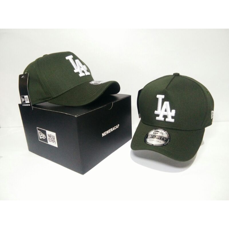 LA Putih / Bahan Hijau Army / Topi Premium / 9Forty A Frame