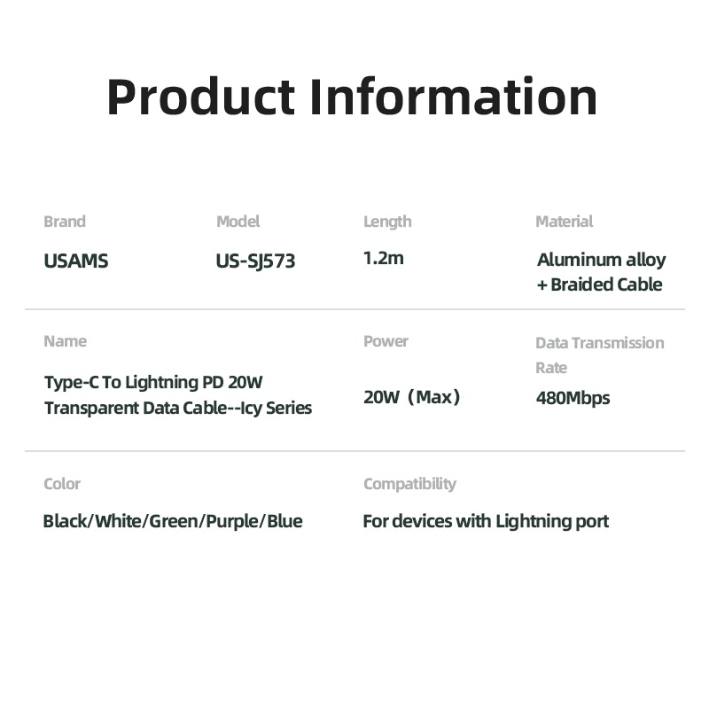 USAMS Icy Series Kabel Data Fast Charging Type C to Lightning PD 20W