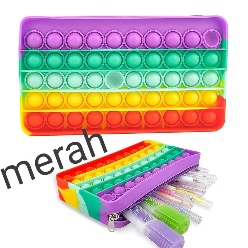 viralkan Ready KOTAK PENSIL POP IT 2IN1 Big Pop It Pencil Case Bag Pops Fidget Toys Push Bubble Pen Holder Silicone Sensory Game P005-Merah Kotak Pensil