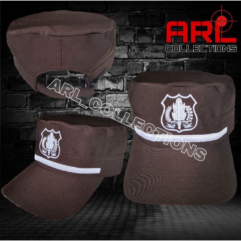 topi security satpam coklat terbaru/topi pet satpam coklat lis putih