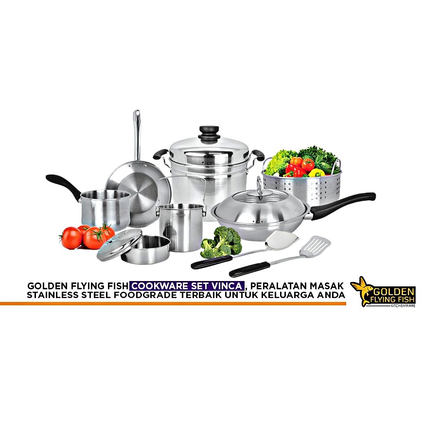 (BISA COD) PROMO Panci Set Golden Flying Fish Cookware Set Vinca 12pcs STAINLESS STEEL Premium