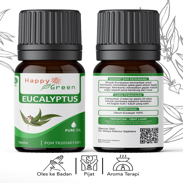 BPOM Happy Green Eucalyptus Globulus Essential Oil - Minyak Ekaliptus 100% Pure Garansi Uang Kembali