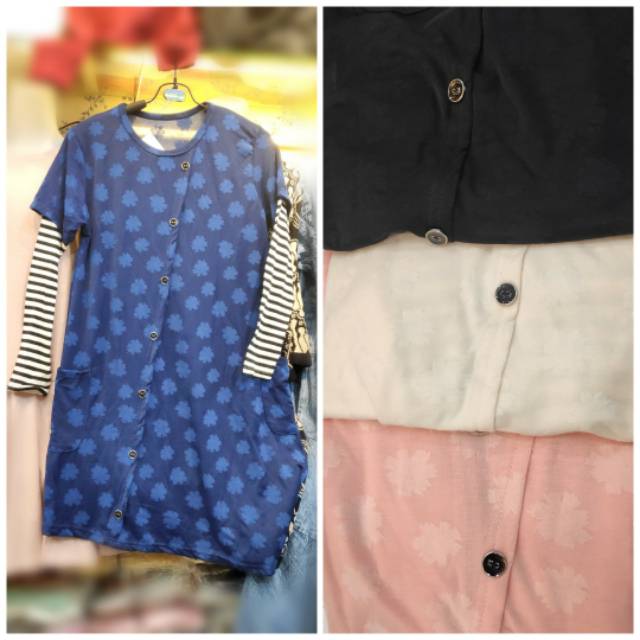 Tunik remaja wanita motif daun kancing depan lengan kombinasi salur import