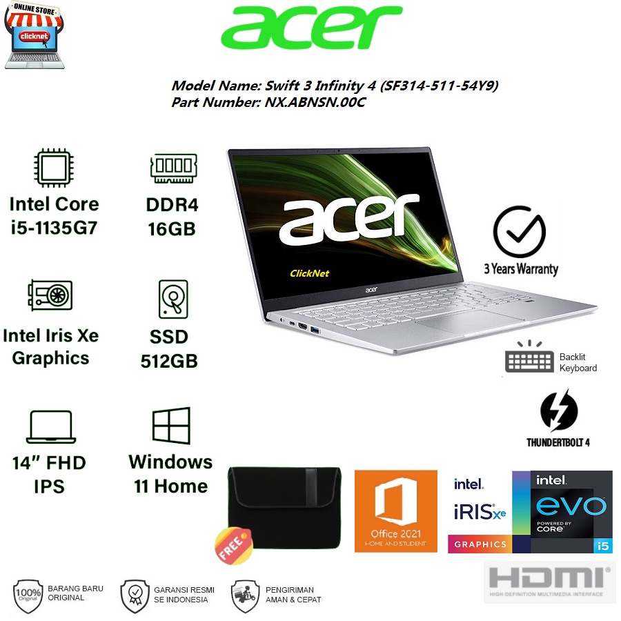 ACER Swift 3 Infinity 4 SF314-511-54Y9 I5-1135G7 16GB 512GB SSD FHD IPS WIN11 OHS