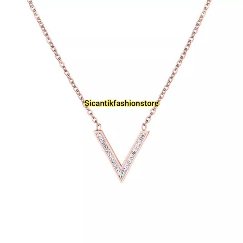 Kalung Titanium Fuji Rose Gold Terbaru Terlaris Anti Karat Selamanya Fashion Wanita Kalung Fuji Premium Asli Titanium Kalung Huruf V Liontin Huruf V